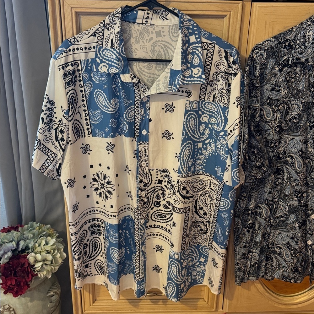 Blue and Black Paisley Bandana Print Men's Shirts - Picture 2 of 5